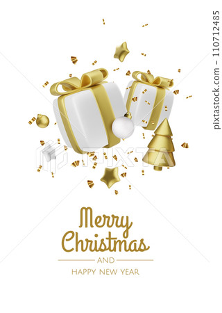 Christmas and New Year design. Realistic gift boxes. Open a gift box full of decorative holiday item. Holiday banner, web poster, flyer, stylish brochure, greeting card, cover. Christmas background 110712485