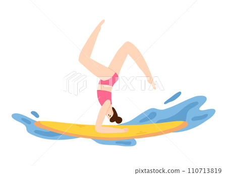 Yoga on saddles. A woman does yoga on sups. Vector illustration isolated on white background. A woman is surfing. Yoga on saddles. A woman does yoga on sups. Vector illustration isolated on white background. A woman is surfing. 110713819