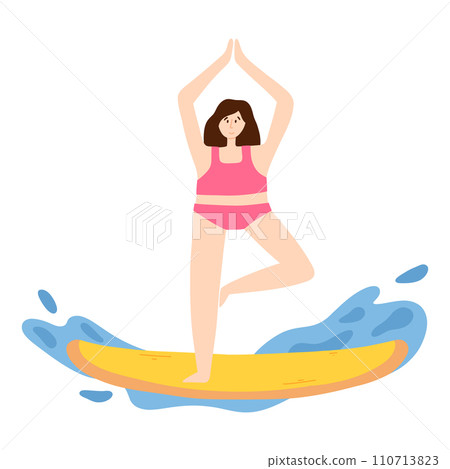 Yoga on saddles. A woman does yoga on sups. Vector illustration isolated on white background. A woman is surfing. 110713823