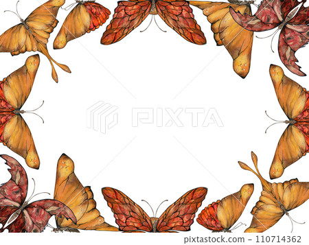 Hand drawn watercolor illustration butterfly fairy wings gem crystal insect moth. Amber garnet sunstone agate ruby. Horizontal frame isolated on white background. Design print, shop, wedding, birthday Hand drawn watercolor illustration butterfly fairy wings gem crystal insect moth. Amber garnet sunstone agate ruby. Horizontal frame isolated on white background. Design print, shop, wedding, birthday 110714362