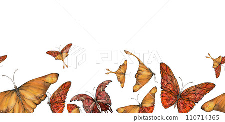 Hand drawn watercolor illustration butterfly fairy wings gem crystal insect moth. Amber garnet sunstone agate ruby. Seamless border isolated on white background. Design print, shop, wedding, birthday 110714365