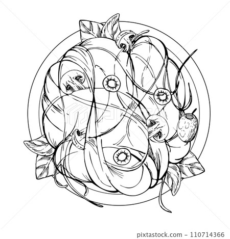 Hand drawn vector ink illustration. Pasta Italian cuisine dish spaghetti noodles on plate, olives champignon basil herb. Composition isolated on white. Restaurant menu, food shop package, flyer print. Hand drawn vector ink illustration. Pasta Italian cuisine dish spaghetti noodles on plate, olives champignon basil herb. Composition isolated on white. Restaurant menu, food shop package, flyer print. 110714366