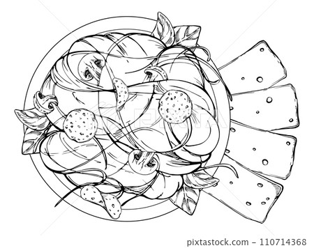 Hand drawn vector ink illustration. Pasta Italian cuisine dish spaghetti noodles, salami champignon basil herb cheese. Composition isolated on white. Restaurant menu, food shop package, flyer print. Hand drawn vector ink illustration. Pasta Italian cuisine dish spaghetti noodles, salami champignon basil herb cheese. Composition isolated on white. Restaurant menu, food shop package, flyer print. 110714368