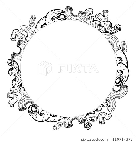 Hand drawn vector ink illustration. Types of pasta Italian cuisine, elbows penne rigatoni cavatappi spirals. Circle wreath frame isolated on white. Restaurant menu, food shop and package, flyer print. 110714373
