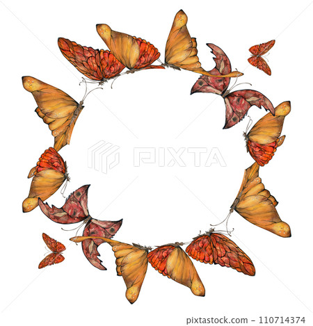 Hand drawn watercolor illustration butterfly fairy wings gem crystal insect moth. Amber garnet sunstone agate ruby. Wreath frame isolated on white background. Design print, shop, wedding, birthday 110714374