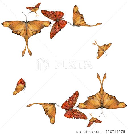 Hand drawn watercolor illustration butterfly fairy wings gem crystal insect moth. Amber garnet sunstone agate ruby. Square frame isolated on white background. Design print, shop, wedding, birthday 110714376