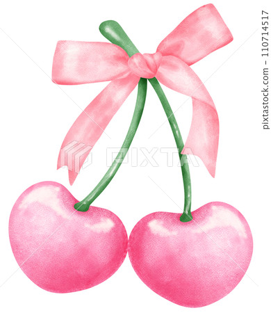 Hot Pink Coquette cherries with ribbon bow watercolor 110714517