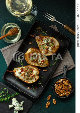 Grilled Pears with Blue Cheese, Walnuts and Honey 110714567