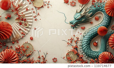 Traditional Elegance: Rich Texture and Color Illuminate a Postcard Featuring a Light-Winged Green Dragon Traditional Elegance: Rich Texture and Color Illuminate a Postcard Featuring a Light-Winged Green Dragon 110714677