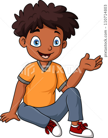 Cute little boy cartoon sitting and waving hand 110714803