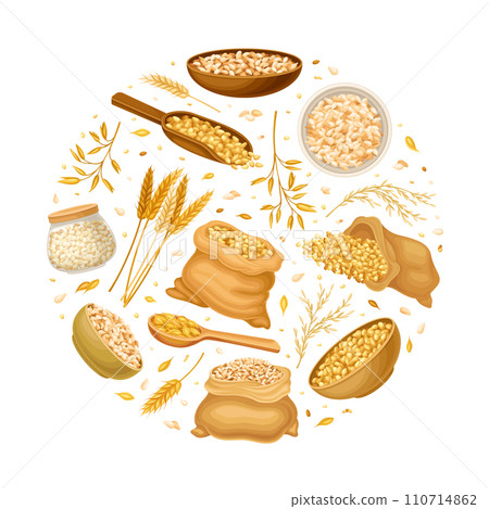 Grain Cereal Round Composition Design with Natural Crop Harvest Vector Template Grain Cereal Round Composition Design with Natural Crop Harvest Vector Template 110714862