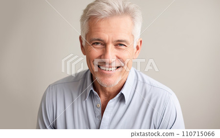 Beautiful gorgeous 60s age beautiful elderly senior model man with grey hair smiling. Mature old man close up portrait on white. happy healthy active old age. dating service for elderly. Generative AI 110715066