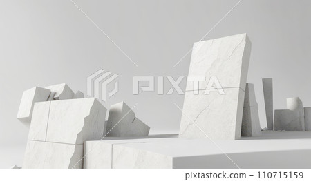 White stone plate cosmetic podium, abstract empty product display floor platform broken and blank rock stage stand on plaster concrete pedestal backdrop with natural marble show scene. 110715159