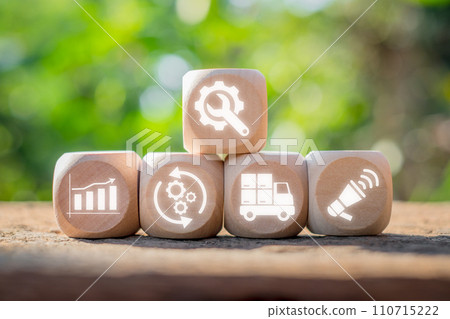 Value chain concept, Wooden block on desk with value chain icon on virtual screen. 110715222