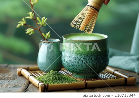 放置在有紋理的表面上的傳統抹茶套裝 110715344