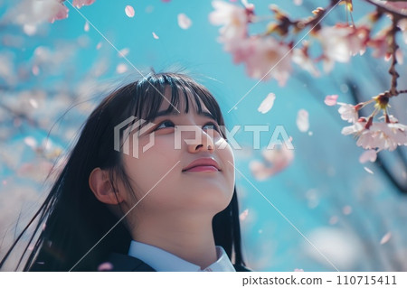 Girl staring at cherry blossoms AI generated image AI image 110715411