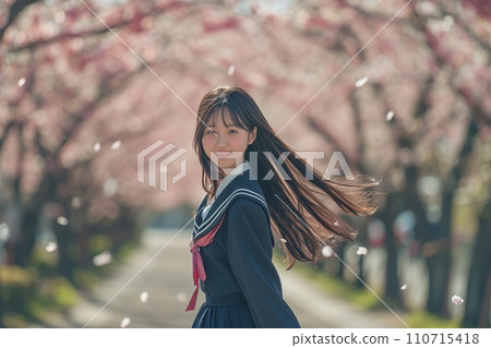 Female student with cherry blossom trees AI generated image AI image 110715418