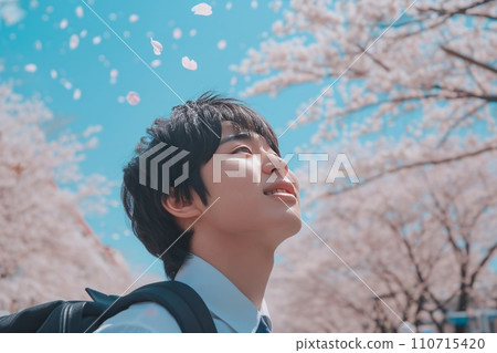 Boy looking up at cherry blossoms AI generated image AI image 110715420
