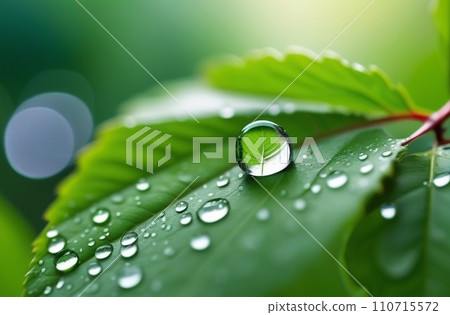 Rain water fall on the green leaf close-up macro shot in the day time. Rain water fall on the green leaf close-up macro shot in the day time. 110715572