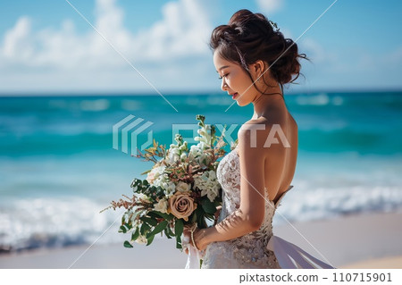 Bride holding a bouquet on the beach AI-generated image AI image 110715901