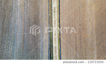 Rustic Tapestry: Overhead View of a Countryside Path and Fields Rustic Tapestry: Overhead View of a Countryside Path and Fields 110715930