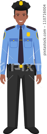 Standing African American Policeman Officer in Traditional Uniform Character Icon in Flat Style. Vector Illustration. 110716004