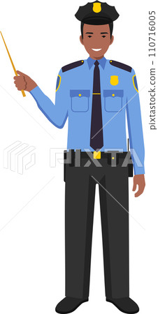 Standing African American Policeman Officer with Wooden Pointer Stick in Traditional Uniform Character Icon in Flat Style. Vector Illustration Standing African American Policeman Officer with Wooden Pointer Stick in Traditional Uniform Character Icon in Flat Style. Vector Illustration 110716005