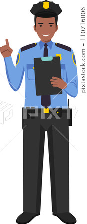 Standing African American Policeman Officer in Traditional Uniform Character Icon in Flat Style. Vector Illustration. 110716006