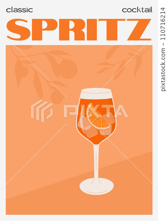 Aperol Spritz Cocktail in glass with ice and slice of orange. Summer Italian aperitif retro poster. Wall art with alcoholic beverage decorated with orange wedges and citrus tree on background. Vector. Aperol Spritz Cocktail in glass with ice and slice of orange. Summer Italian aperitif retro poster. Wall art with alcoholic beverage decorated with orange wedges and citrus tree on background. Vector. 110716214
