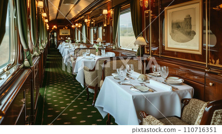 Interior of dining car in luxury train Interior of dining car in luxury train 110716351