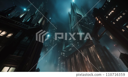 Somber dystopian Gotham city at night 110716359