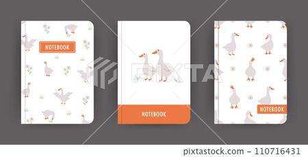 Cover page notebook collection. Templates with cute farm gooses. Perfect for diary, books, magazines, journals, catalogs, planners and flyers. Vector layouts. Cartoon style 110716431