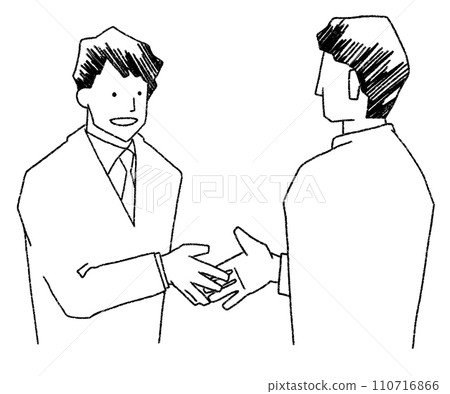 Line drawing illustration of a male office worker shaking hands with a smile Line drawing illustration of a male office worker shaking hands with a smile 110716866