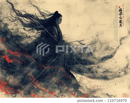 Mysterious samurai depicted in traditional Japanese sumi-e Mysterious samurai depicted in traditional Japanese sumi-e 110716970