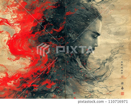 Mysterious samurai depicted in traditional Japanese sumi-e Mysterious samurai depicted in traditional Japanese sumi-e 110716971