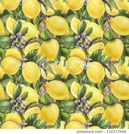 Lemons are yellow, juicy, ripe with green leaves, flower buds on the branches, whole and slices. Watercolor, hand drawn botanical illustration. Seamless pattern on a white background. 110717099