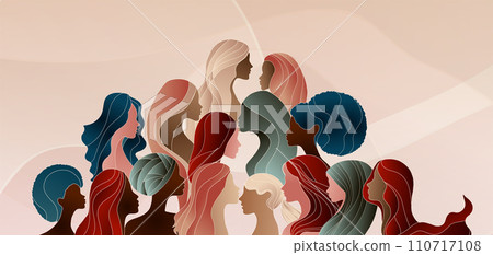 Group silhouette of multicultural women. International women s day. Diversity - inclusion - equality or empowerment concept. Anti racism and stop discrimination. Banner copy space 110717108
