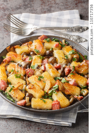 Potato dumplings or kopytka is made with cooked mashed potatoes served with bacon, onions and mushrooms close-up in a plate. Vertical Potato dumplings or kopytka is made with cooked mashed potatoes served with bacon, onions and mushrooms close-up in a plate. Vertical 110717356