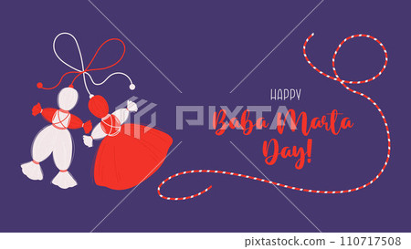 Martisor banner. Baba Marta Day. Red and white accessory talisman Martenitsa. Traditional holiday in Romania, Moldova and Bulgarian. Symbol for spring beginning. Vector horizontal illustration. 110717508