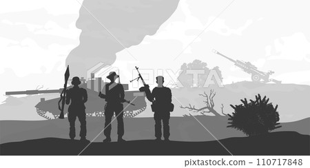 Battlefield scene. Soldier troop silhouette. War panorama with warriors, tank and artillery. Army friends portrait 110717848
