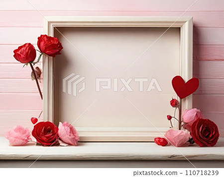 Valentine's day background with wooden frame, red roses and hearts. 110718239