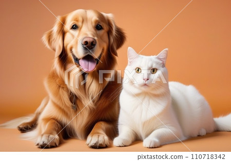 Happy sitting and panting Golden retriever dog and white cat looking at camera, Isolated on peach color background 110718342
