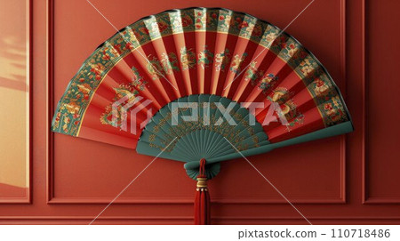 Red and Gold Chinese Paper Fan in a Minimalist Stage Design with Eastern Motifs Red and Gold Chinese Paper Fan in a Minimalist Stage Design with Eastern Motifs 110718486