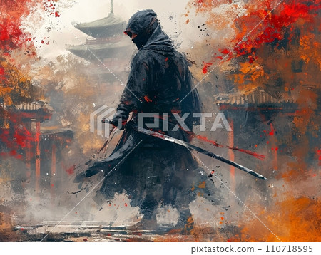 Ink painting of a ninja with a sword 110718595