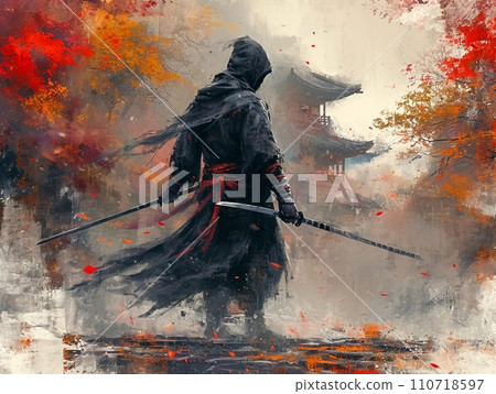 Ink painting of a ninja with a sword 110718597