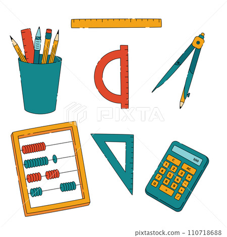 Math education, knowledge, school subjects of rulers calculator abacus compasses and stationery 110718688