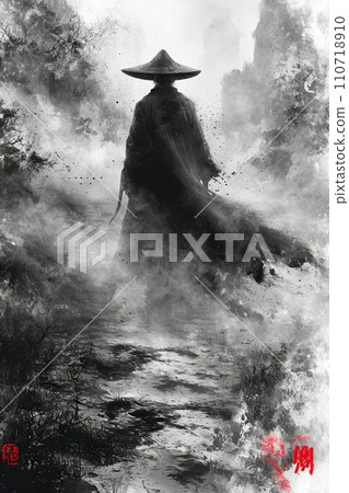 日本傳統墨畫中描繪的神秘武士 110718910