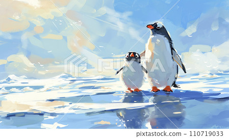 可愛的企鵝父母和孩子在冰上 AI 圖像的插圖 110719033