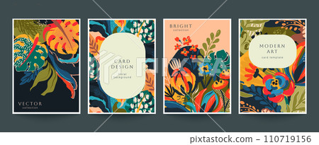 Set of four vector pre-made cards in modern style with nature motifs, flowers and leaves. Templates for your design. 110719156
