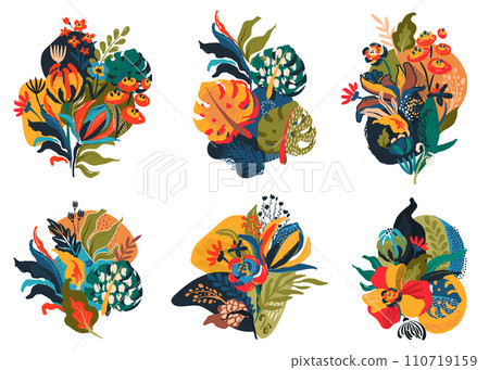 Set of six vector compositions in modern style with nature motifs, flowers and leaves Set of six vector compositions in modern style with nature motifs, flowers and leaves 110719159